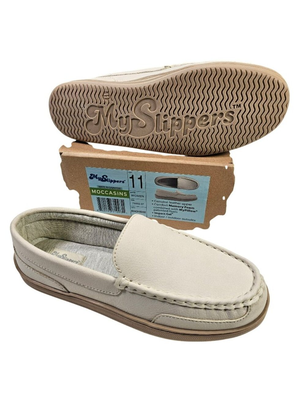 MySlippers NWB Memory Foam Moccasins Slippers Shoes Women's Size 11 Beige Tan